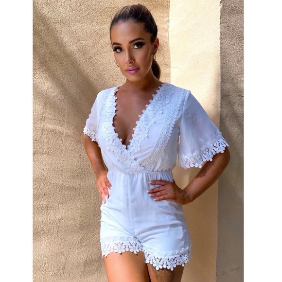 Pants - White Crochet Lace Trim Short Sleeve V-Neck Romper Playsuit